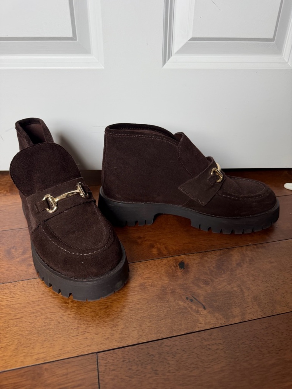 Steve Madden Dark Brown Suede Lug Sole Loafers with Gold Hardware
